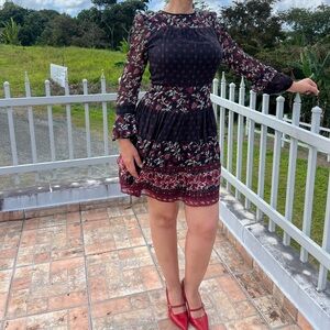 Michael Kors Black and Red Floral Long Sleeve Dress